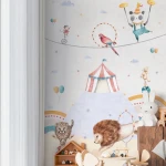 Wallpaper Soft Graphite, circus animals, big top and rainbow mural