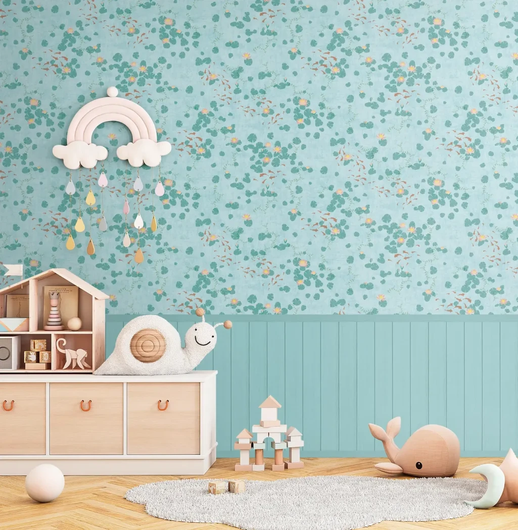 Wallpaper Veiled Cerulean, yellow flowers and blue-green leaves above printed panelling