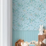 Wallpaper Veiled Cerulean, yellow flowers and blue-green leaves above printed panelling