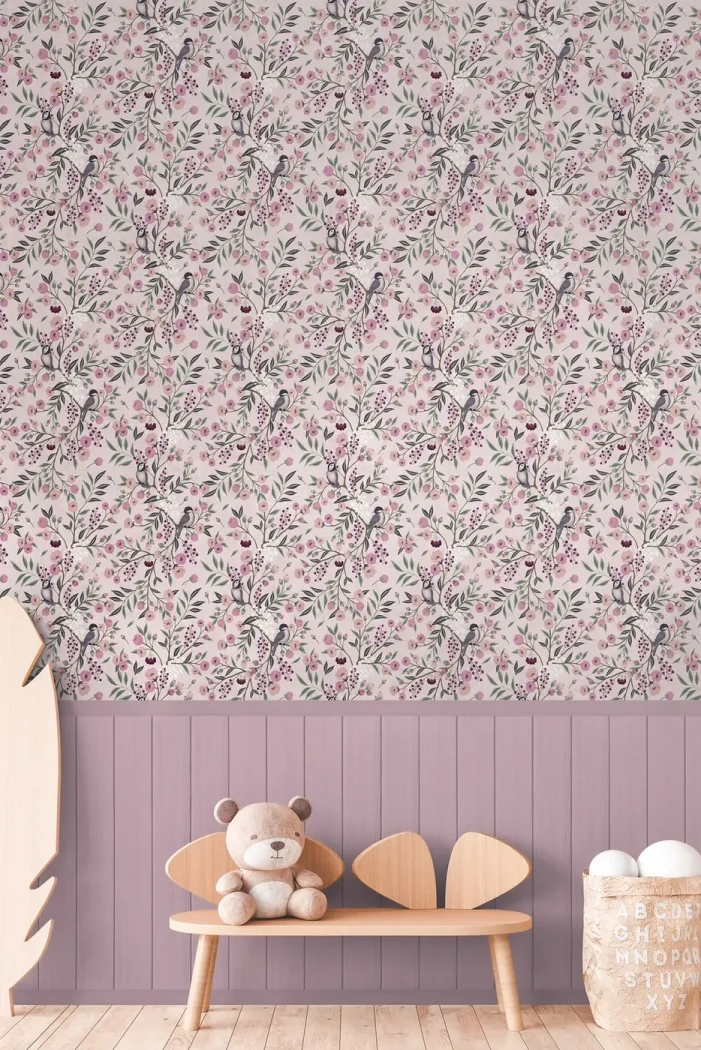 Wallpaper Vermilion, powder-pink blossom branches and small birds