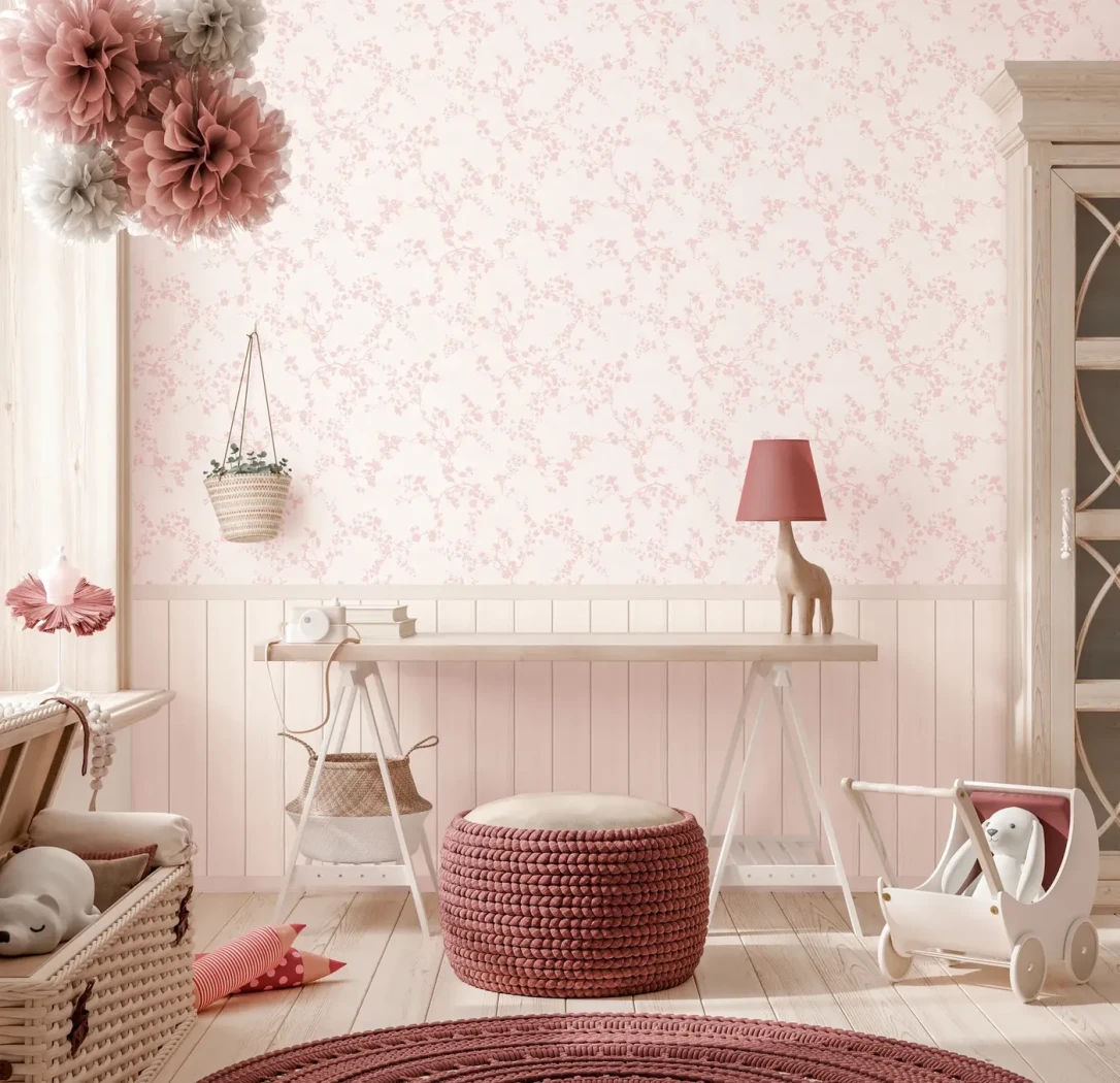 Wallpaper Vine, pink flowering sprigs on ivory with printed panelling