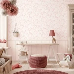 Wallpaper Vine, pink flowering sprigs on ivory with printed panelling