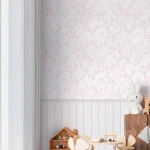 Wallpaper Vine, pink flowering sprigs on ivory with printed panelling