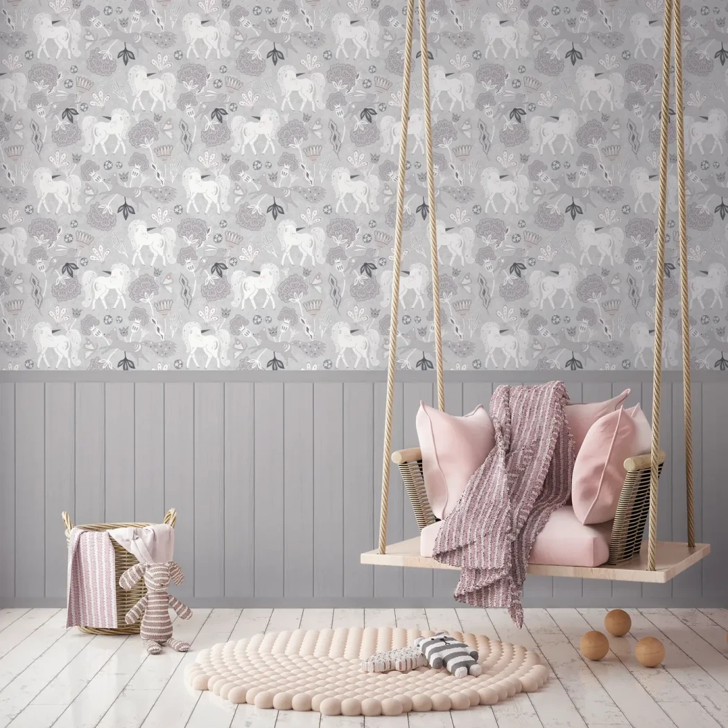 Wallpaper Soft Zinc, grey and white unicorns among flowers