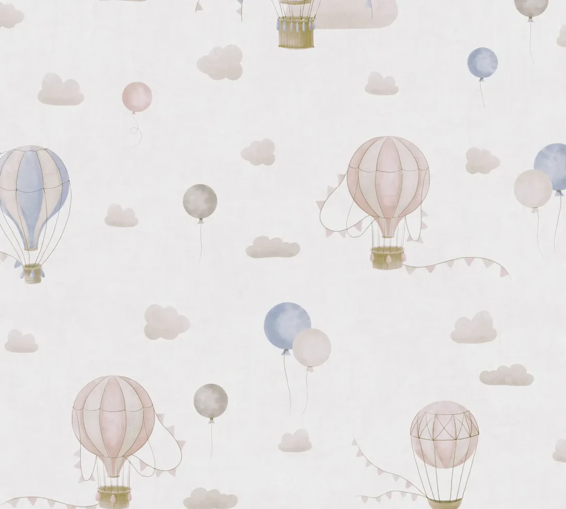 Wallpaper Light Cotton, pastel balloons and clouds on ivory