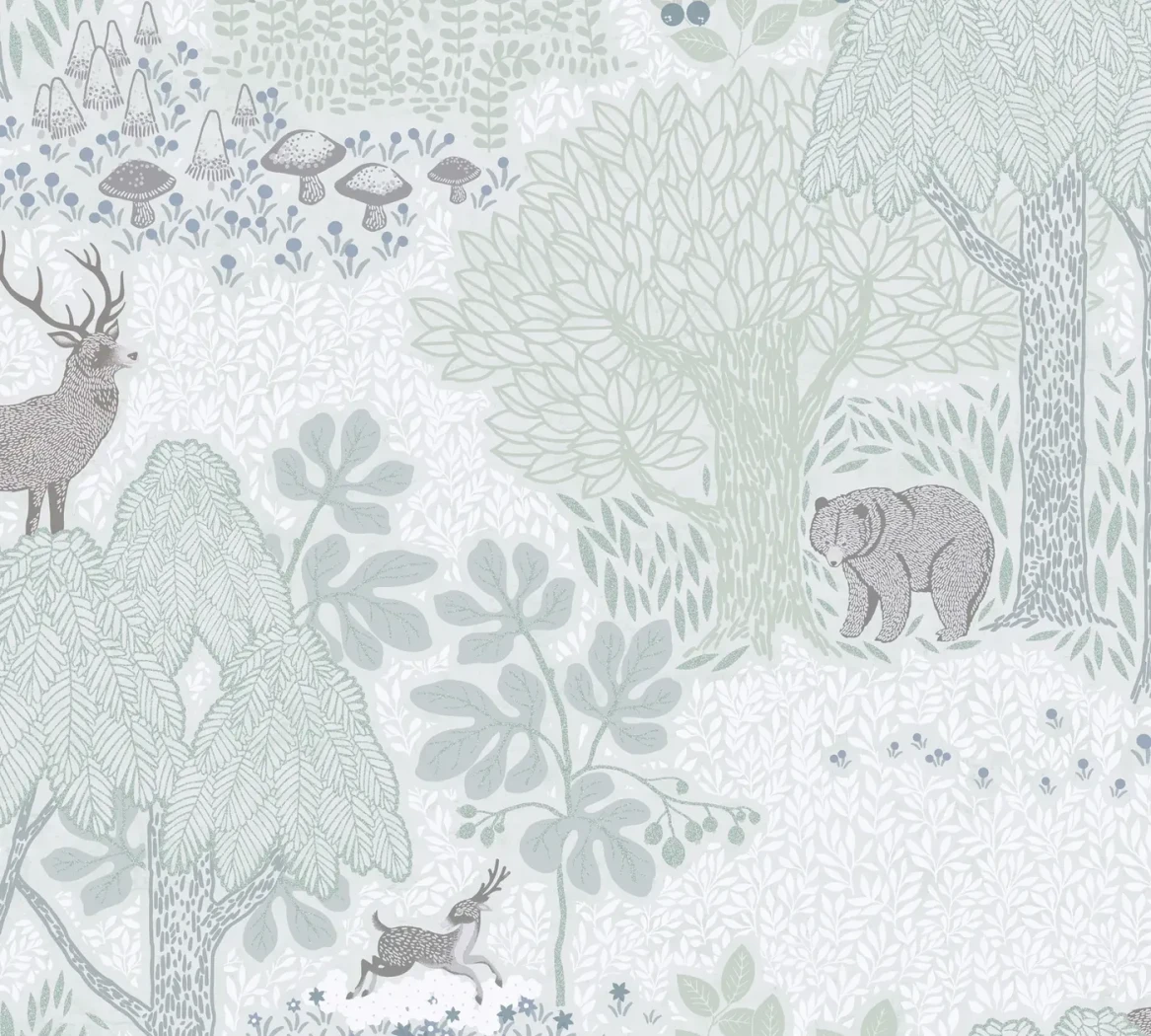 Wallpaper Frosted Platinum, sage forest scene with deer and bear