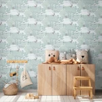 Wallpaper Frosted Platinum, sage forest scene with deer and bear