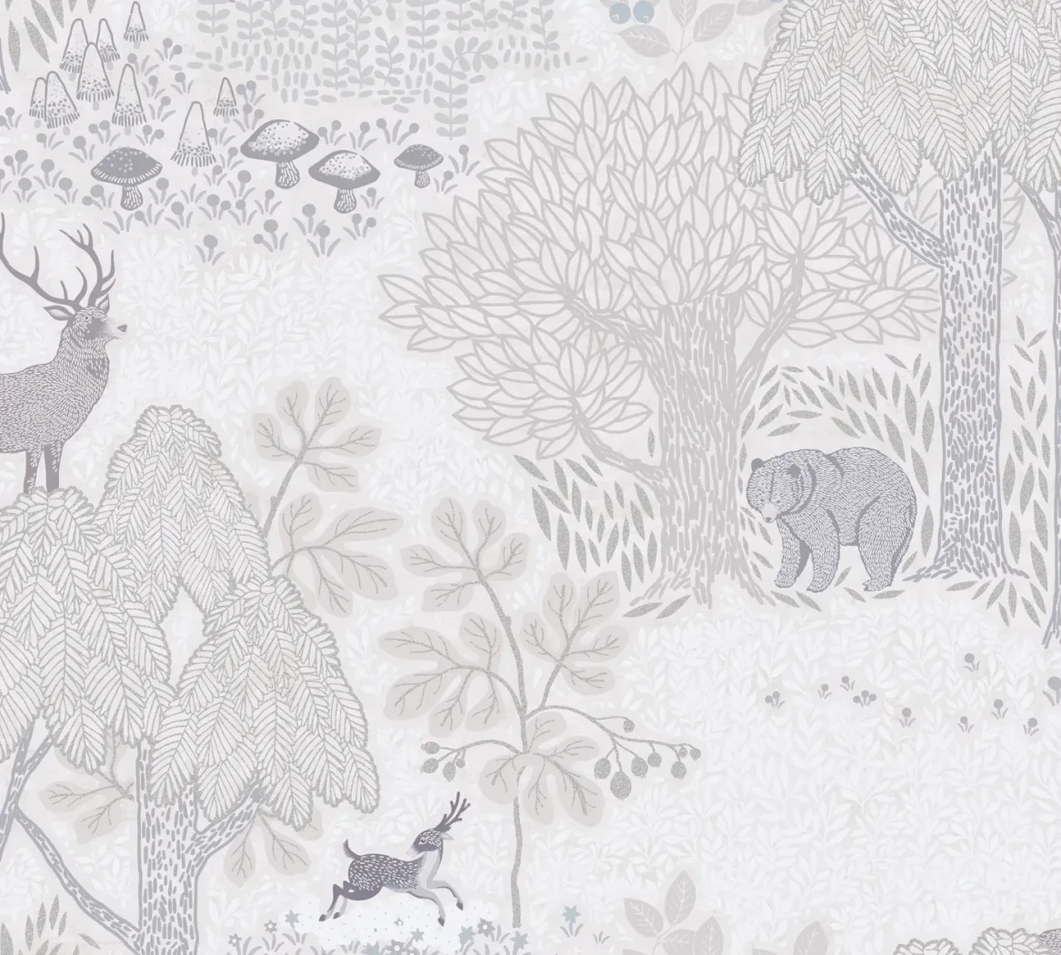 Wallpaper Frosted Anthracite with grey forest animals on a pale ground