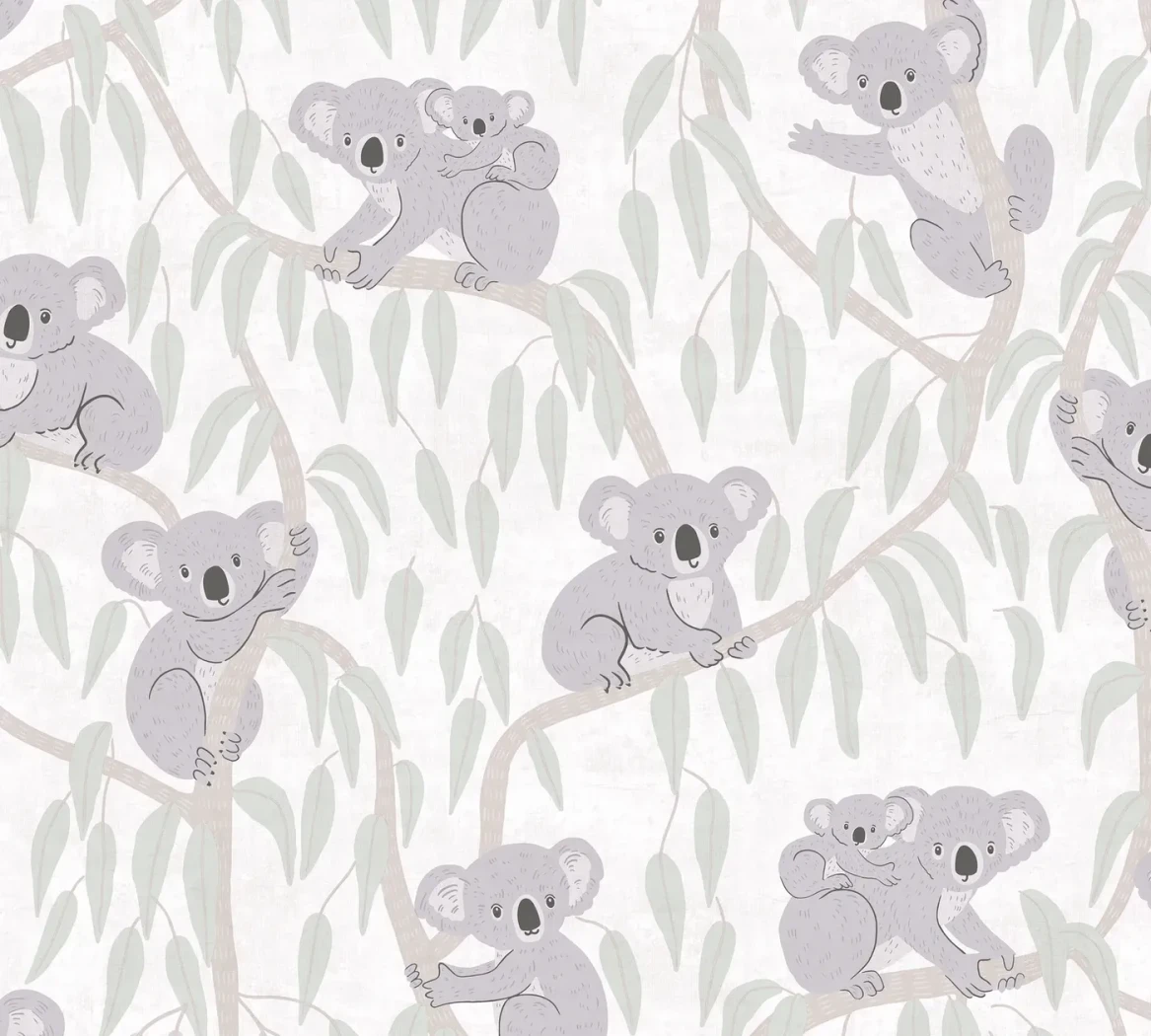 Wallpaper Frosted Cement with grey koalas on eucalyptus branches