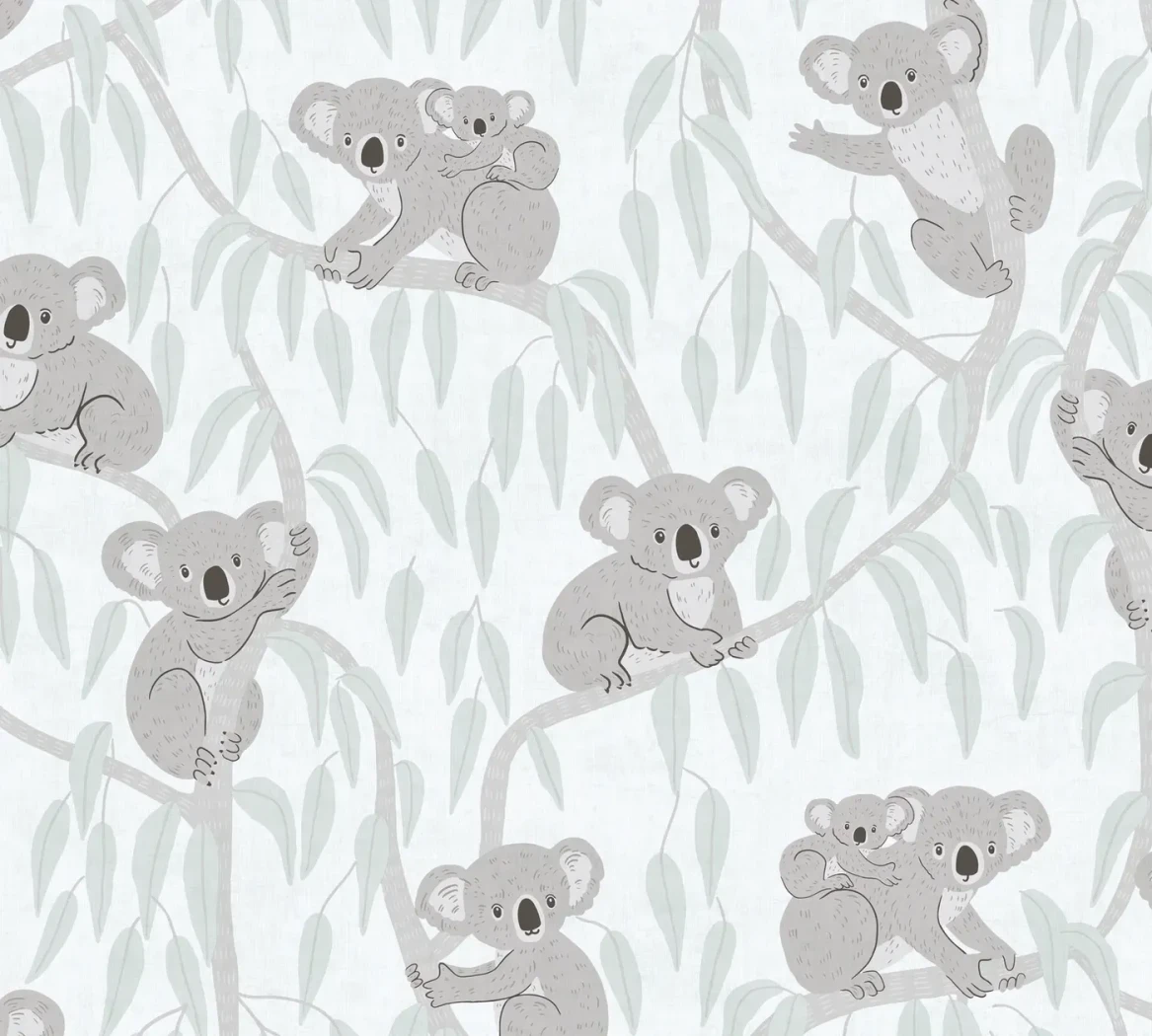 Wallpaper Frosted Dawn, koalas on eucalyptus branches in grey