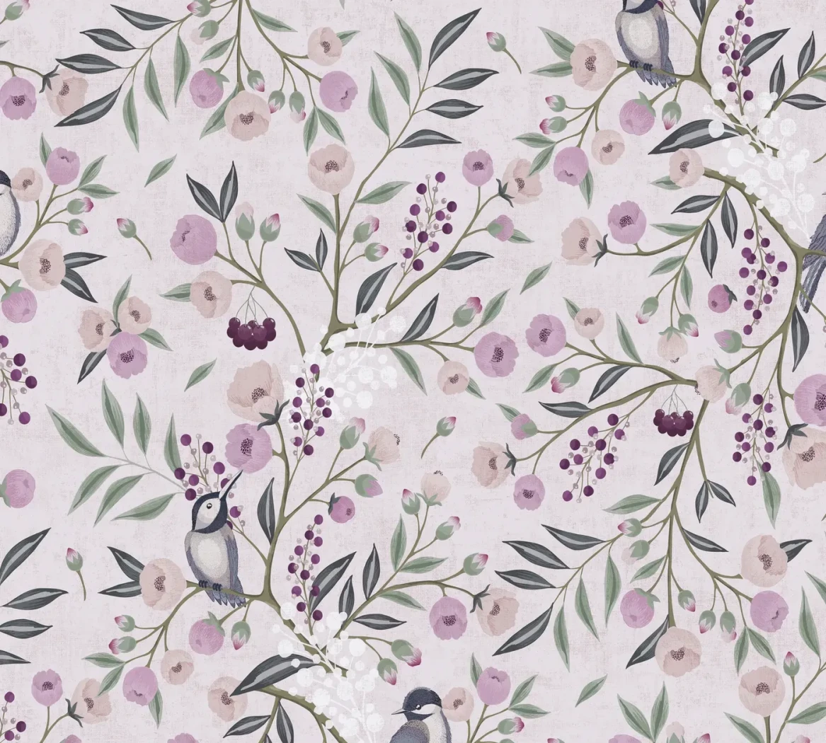 Wallpaper Light Rock with birds and mauve blossom on powder pink