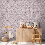 Wallpaper Light Rock with birds and mauve blossom on powder pink