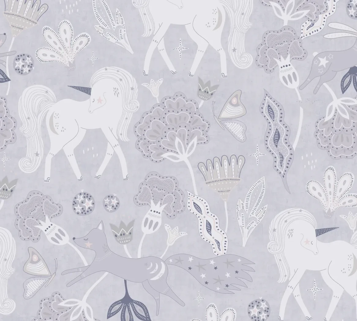 Wallpaper Frosted Concrete with grey unicorns, fox and flowers