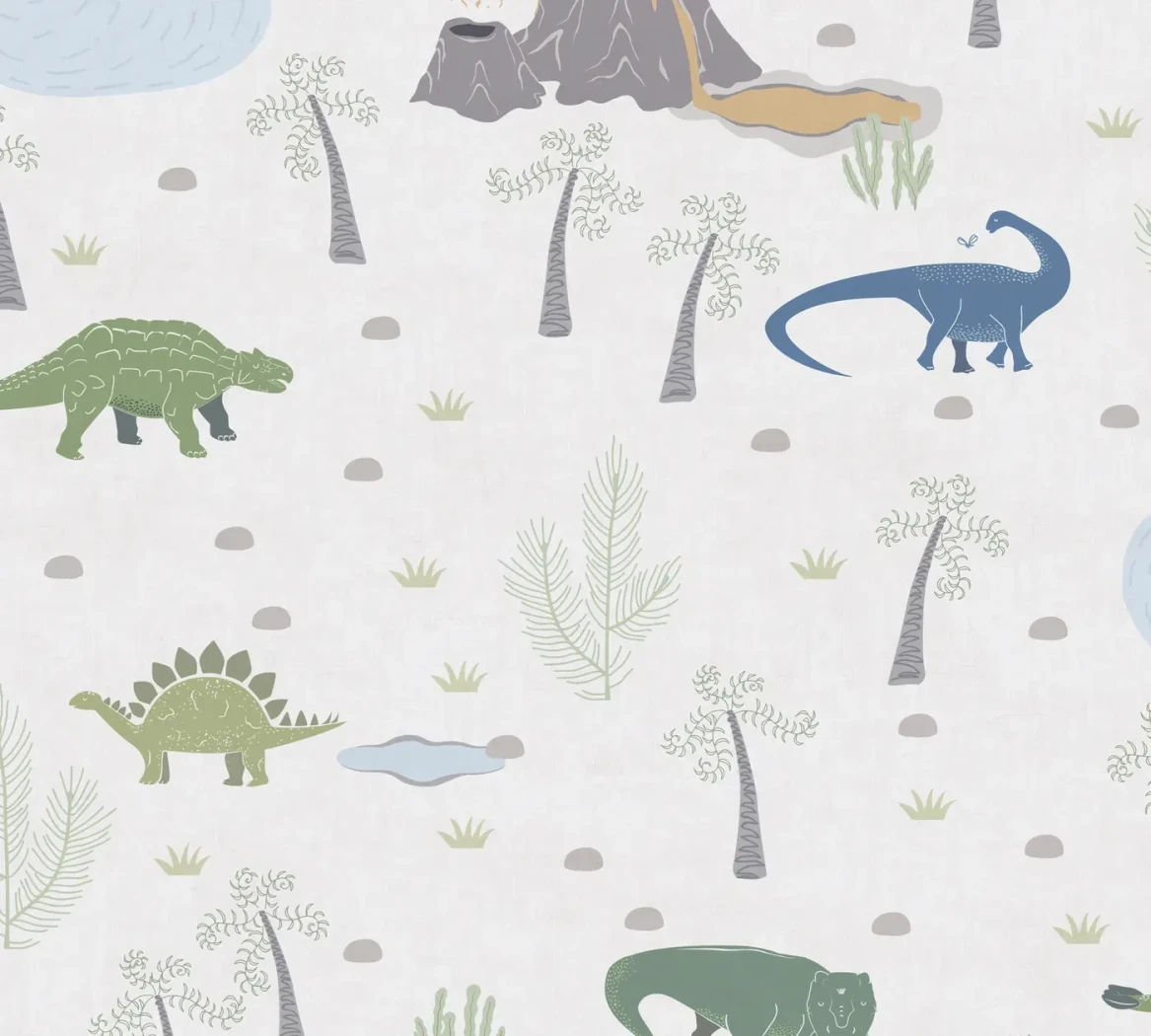 Wallpaper Pale Marble with dinosaurs, palm trees and a volcano