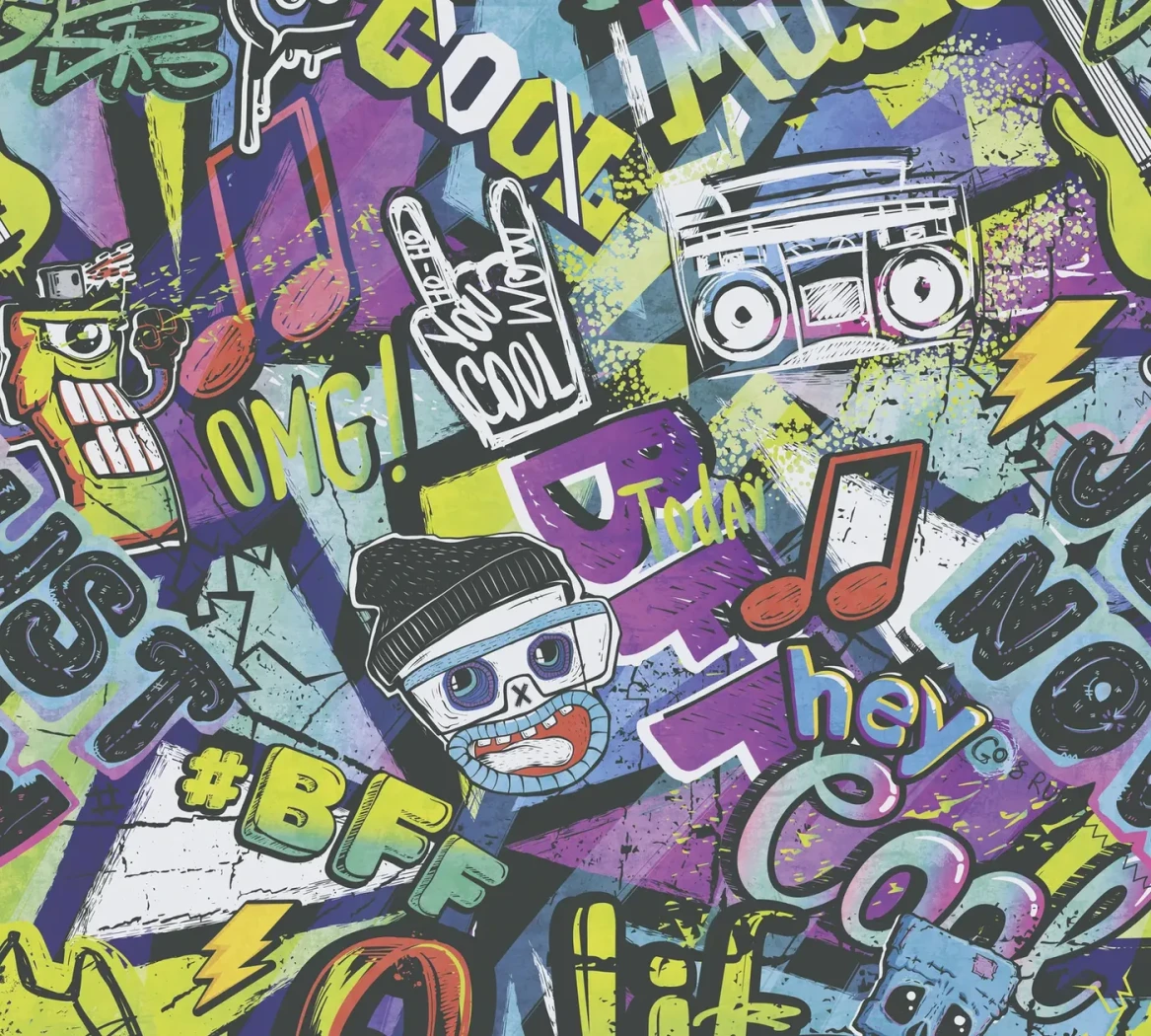 Wallpaper Soft Denim with graffiti lettering and music notes