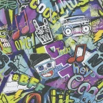 Wallpaper Soft Denim with graffiti lettering and music notes