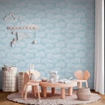 Wallpaper Pale Blue Foam with white dotted clouds on greyish blue