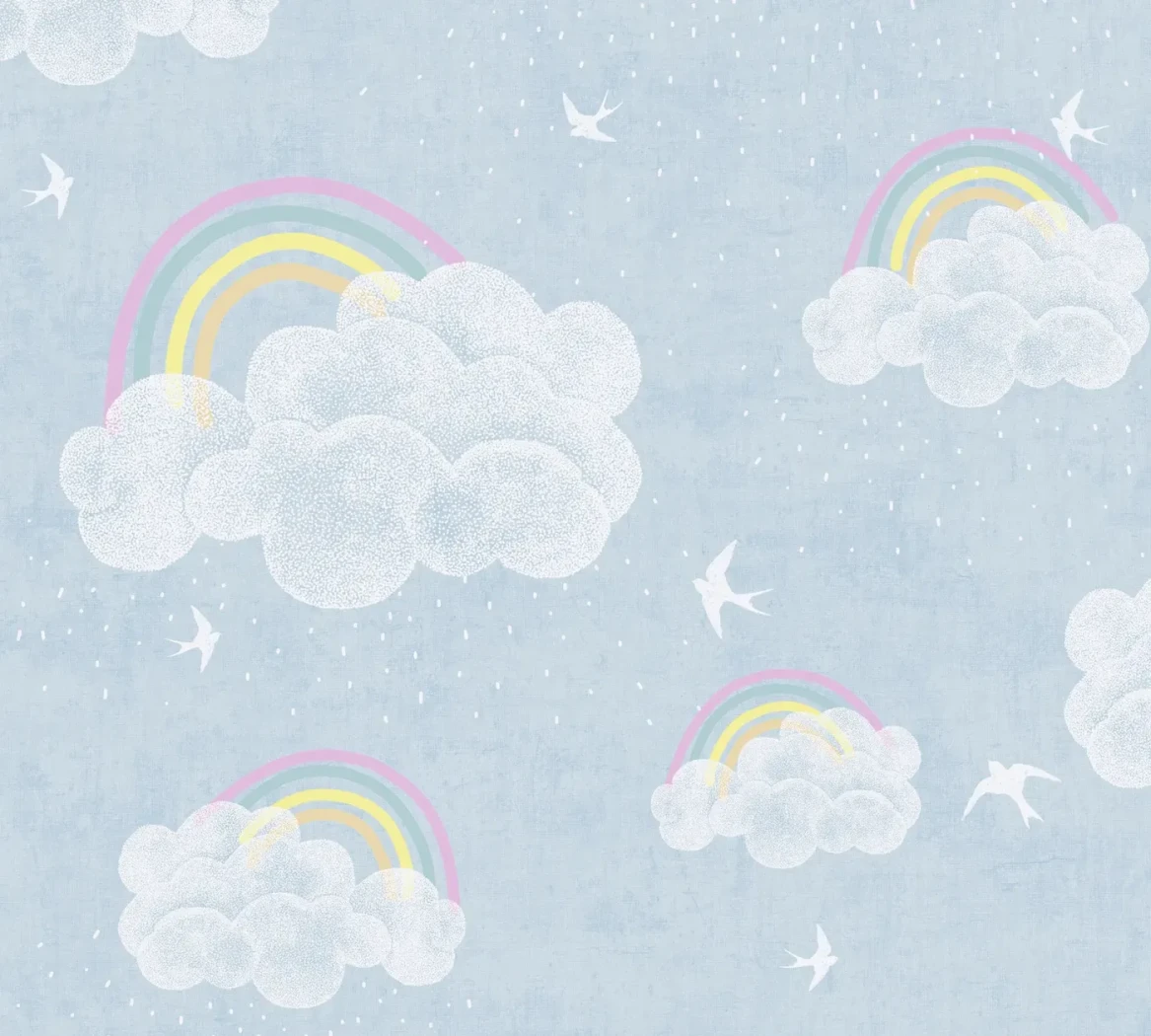 Wallpaper Frosted Cobalt with clouds, rainbows and swallows on blue
