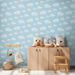 Wallpaper Frosted Cobalt with clouds, rainbows and swallows on blue