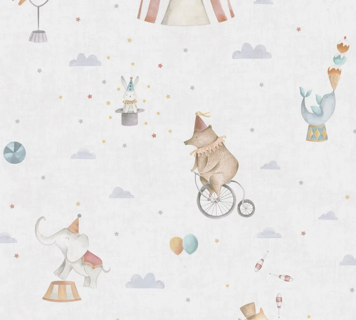 Wallpaper Pale White Linen with circus bear, elephant and rabbit