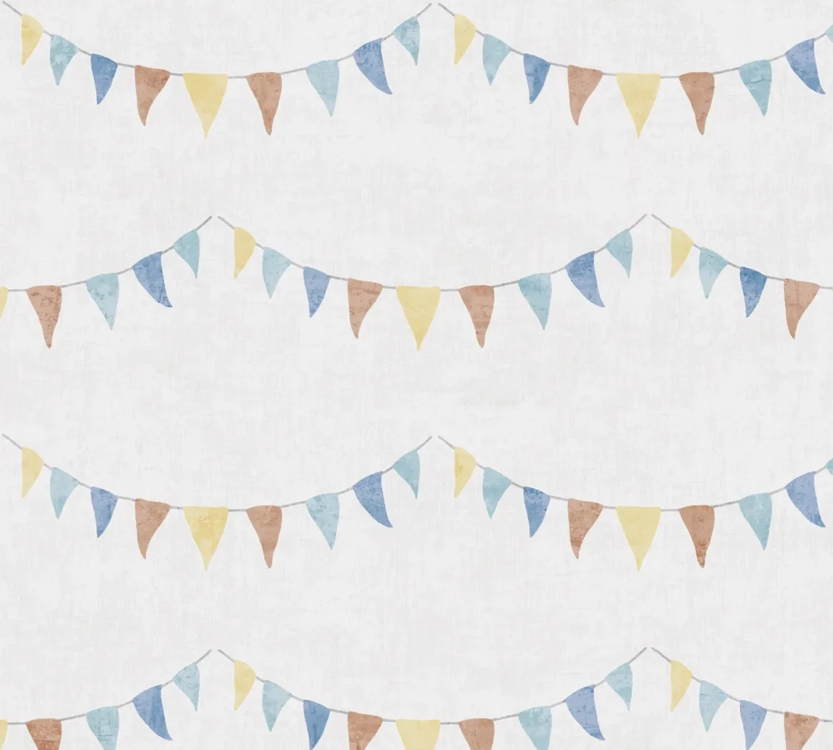 Wallpaper Pale Quartz, blue, yellow and brown bunting on white
