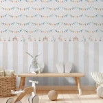 Wallpaper Pale Quartz, blue, yellow and brown bunting on white