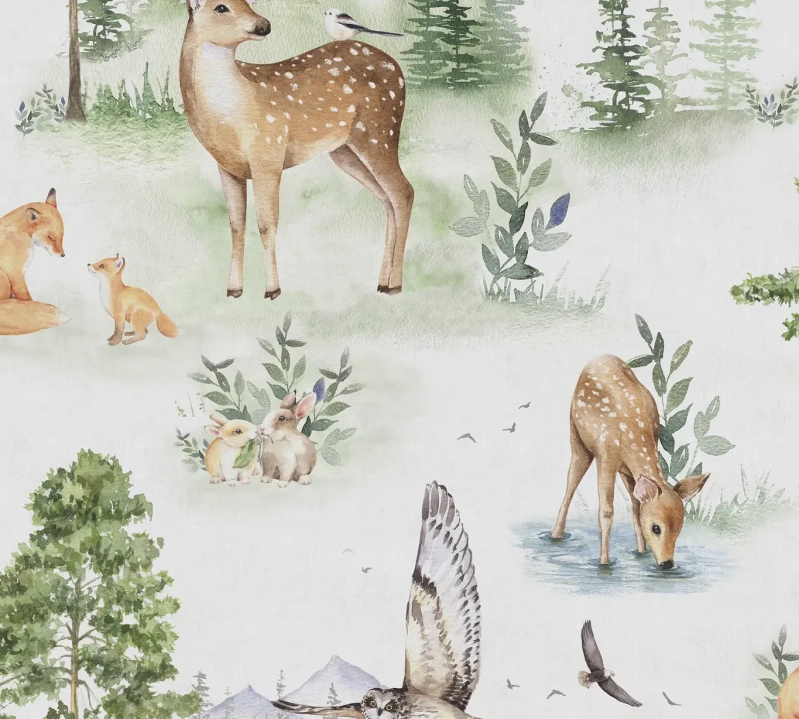 Wallpaper Light Graphite with watercolour deer, fox and rabbits