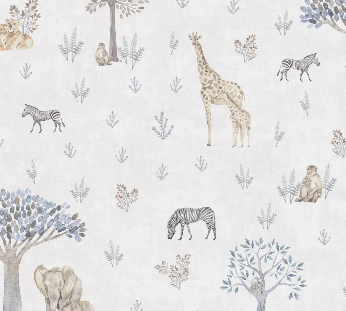 Wallpaper Pale Pearl, pastel savannah animals in watercolour
