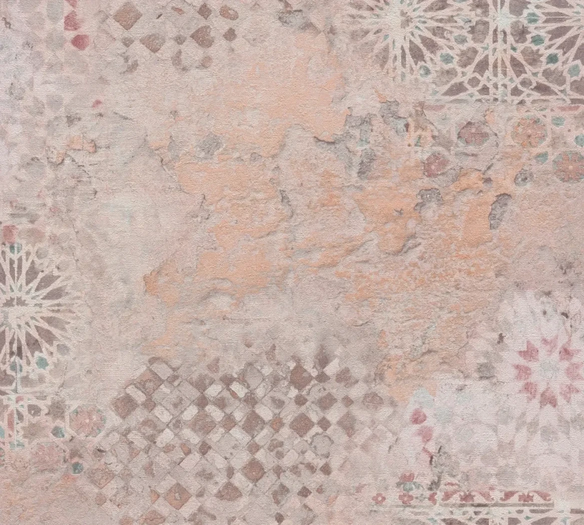 Wallpaper Soft Rust, terracotta plaster effect with geometric corner motifs