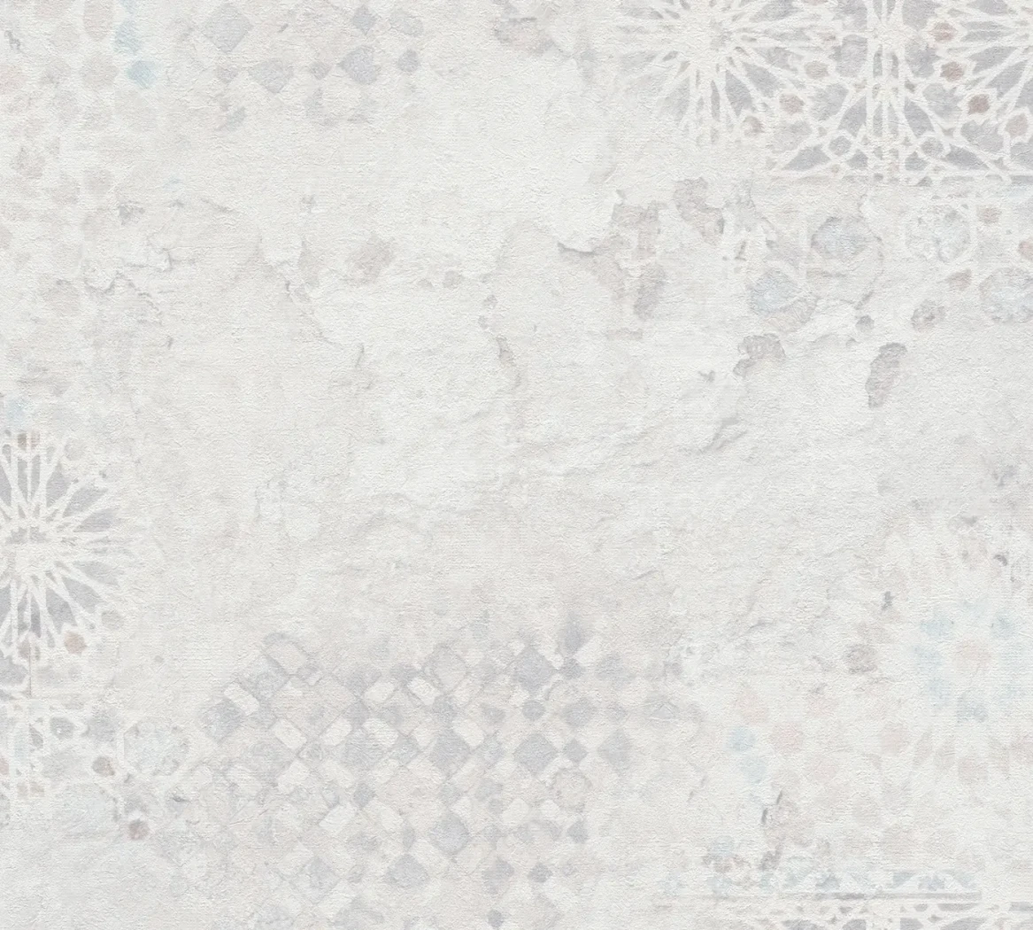 Wallpaper Light Lead with faint zellige pattern on off-white plaster