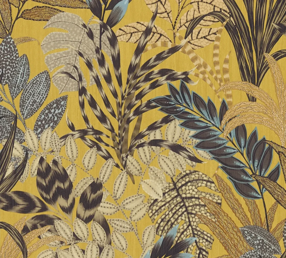 Wallpaper Soft Buckwheat, palm and monstera leaves on mustard yellow