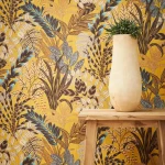 Wallpaper Soft Buckwheat, palm and monstera leaves on mustard yellow