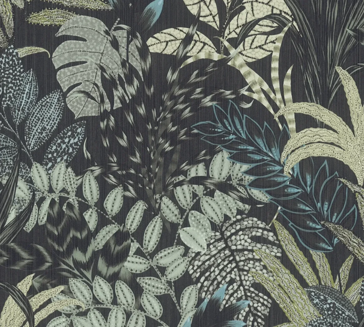 Wallpaper Heavy Downpour with tropical leaves on dark grey