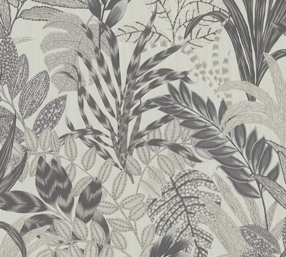 Wallpaper Misty Mercury with large grey tropical leaves