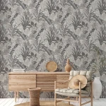 Wallpaper Misty Mercury with large grey tropical leaves