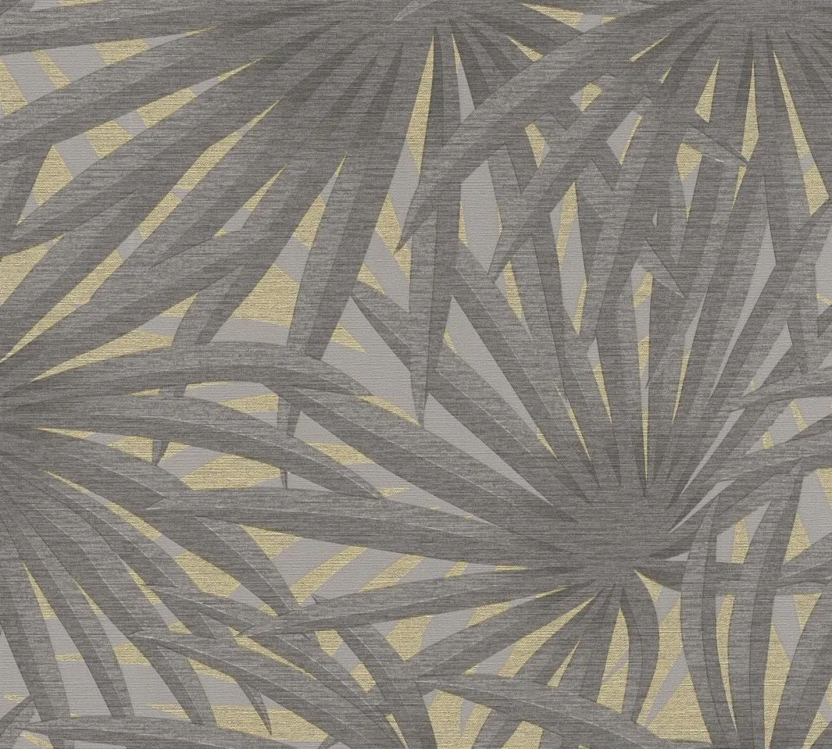 Wallpaper Soft Chrome, grey palm leaves with gold highlights