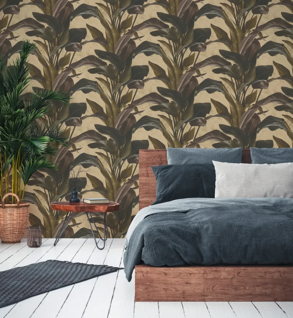 Wallpaper Soft Pale Bark with beige banana leaves in a bedroom