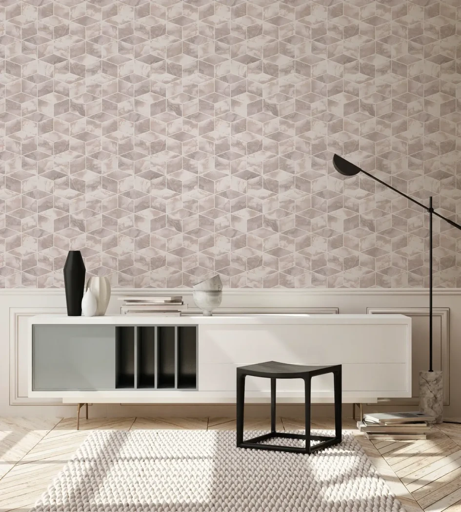 Wallpaper Soft Spelt, beige and taupe marbled cube pattern