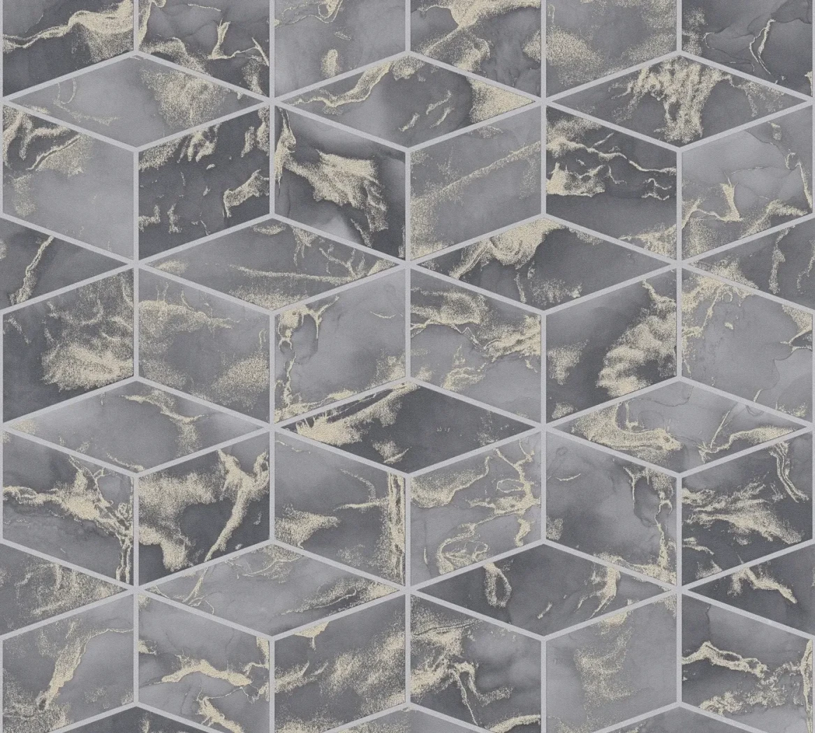 Wallpaper Soft Stone, grey marble diamonds with gold veins