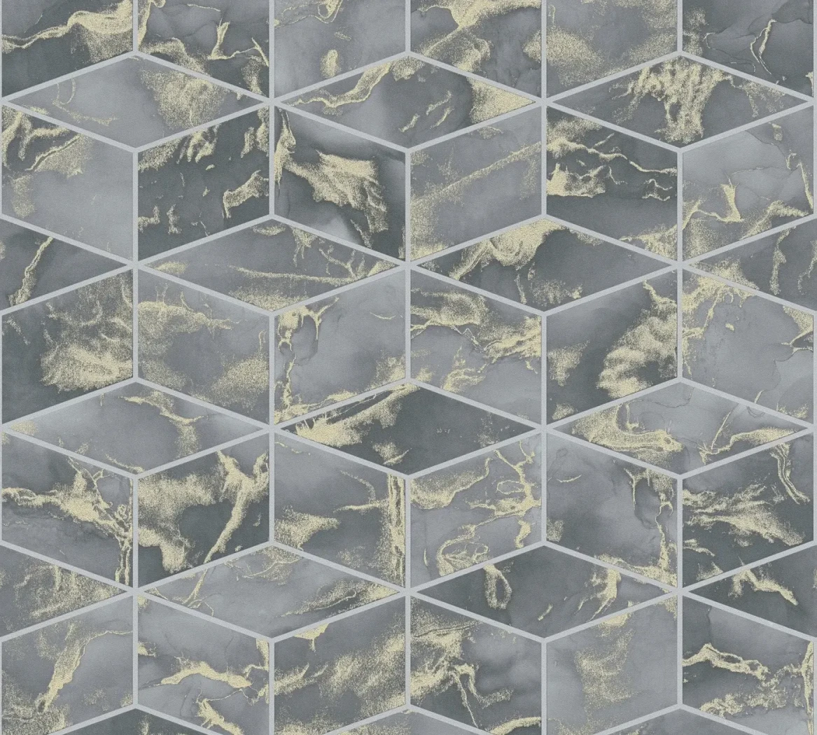 Wallpaper Misty Granite, anthracite cubic pattern with gold veining