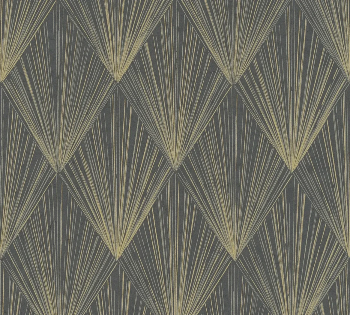 Wallpaper Ash Stone with gold fan pattern on near-black anthracite