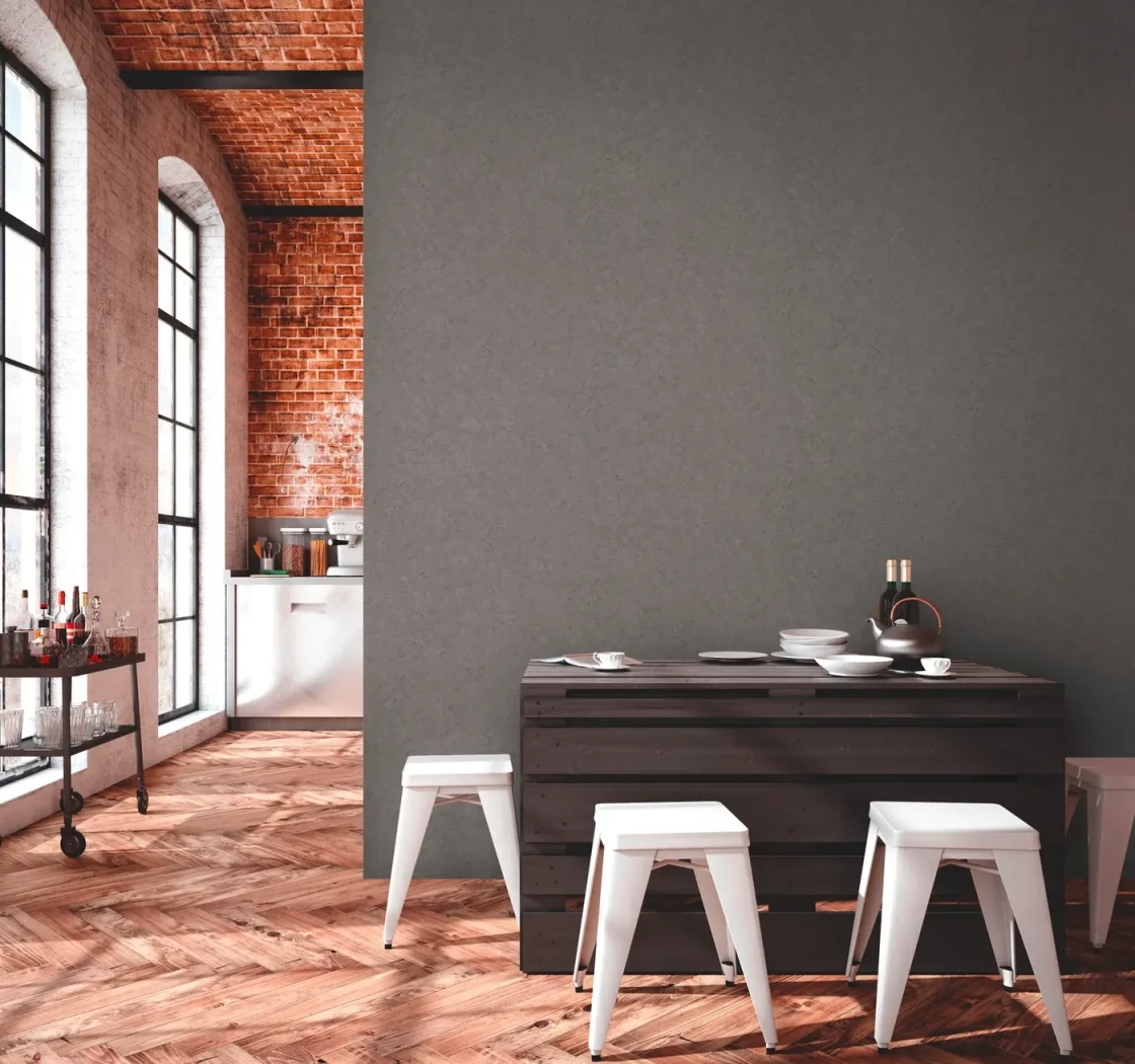 Wallpaper Misty Anthracite in plain dark grey in an industrial kitchen