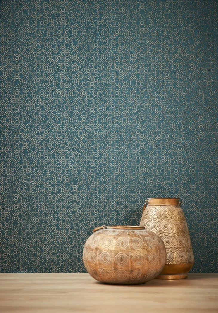 Wallpaper Deep Steel, small gold geometric motif on grey-blue
