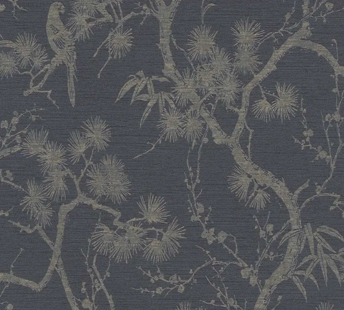 Wallpaper Ashen Grisaille, gold chinoiserie bird and branches