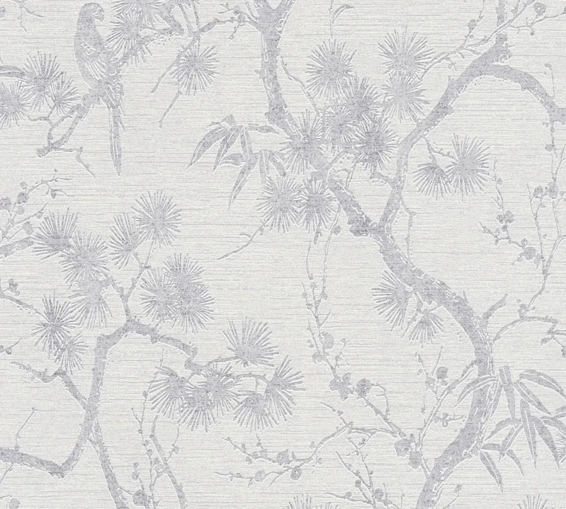 Wallpaper Light Steel with grey pine, blossom, bamboo and bird