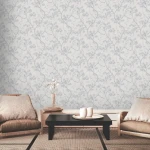 Wallpaper Light Steel with grey pine, blossom, bamboo and bird