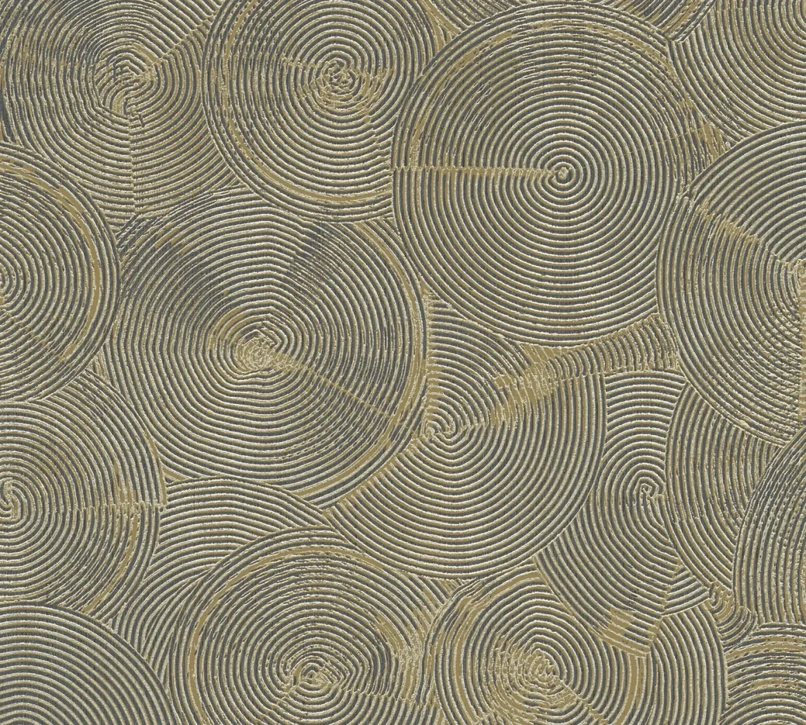Wallpaper Misty Sunflower with gold and anthracite wood-ring spirals