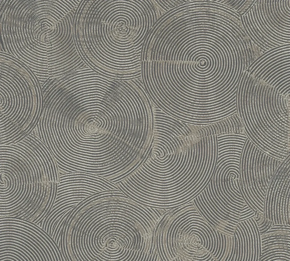 Wallpaper Misty Schist, dark grey and bronze wood-ring pattern