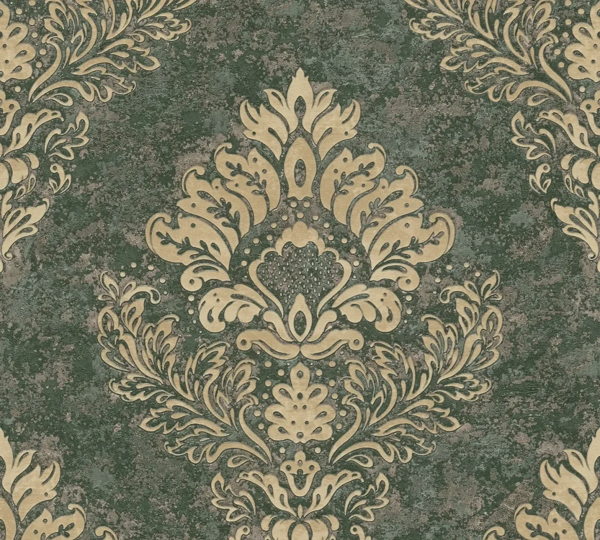 Wallpaper Ashen Chrome, gold damask on green-grey