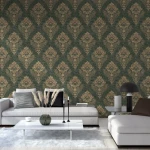 Wallpaper Ashen Chrome, gold damask on green-grey